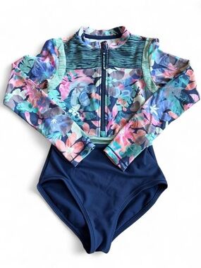 Athleta Girl Long Sleeve One Piece Swimsuit Floral Zip Front XS 6